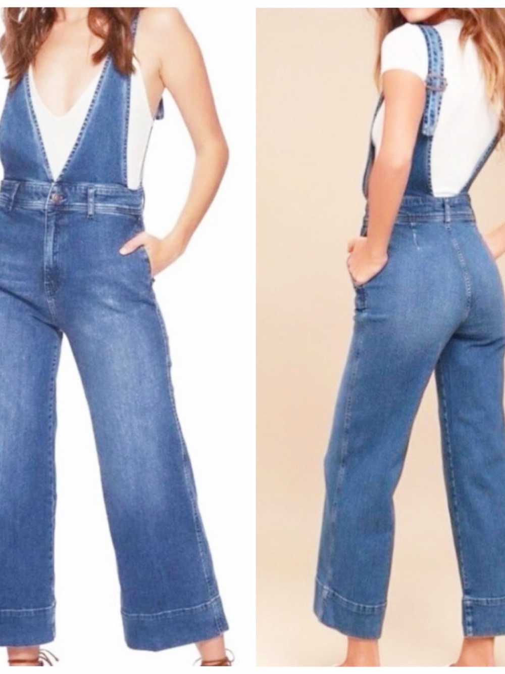 Free People A Line Overall Denim Overalls Wide Leg V Neck High Rise 28